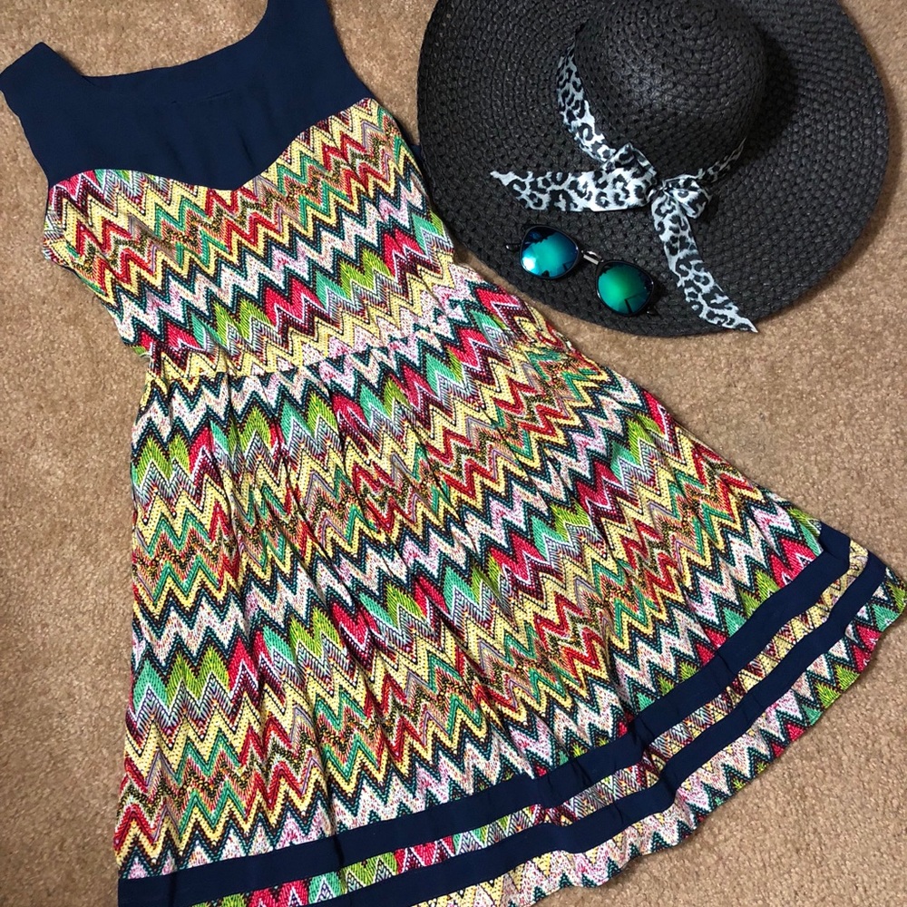 Chevron Navy Blue/Multi-Color Summer Belted Dress